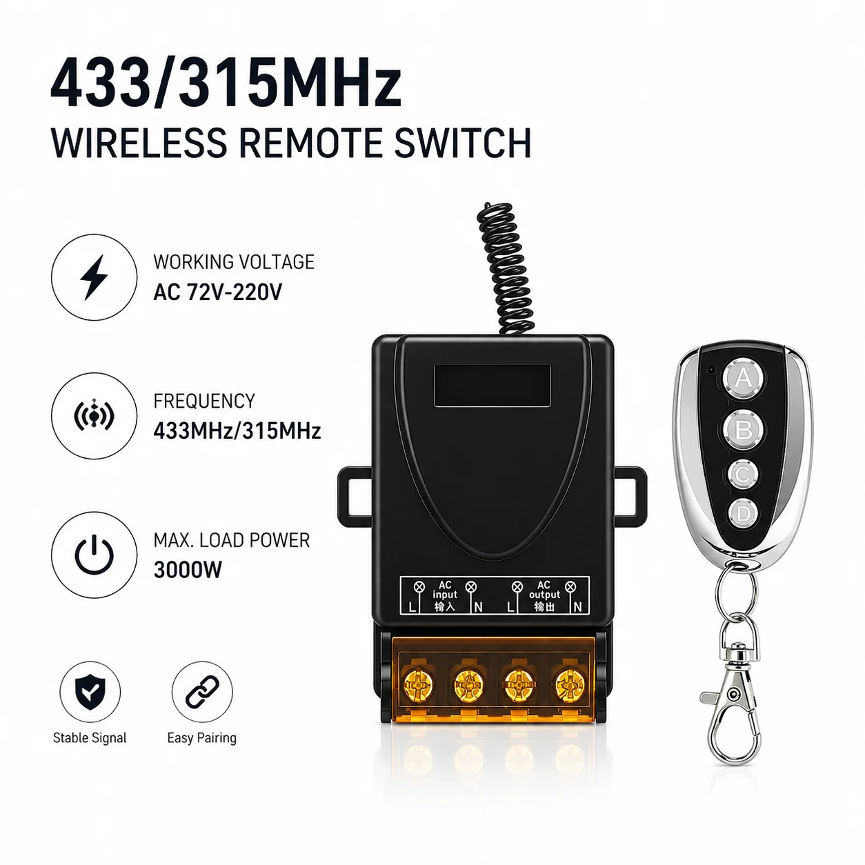 AC220V 433MHz Wireless Remote Control Switch, On/Off Transmitter for Water Pump Motor LED & Appliance