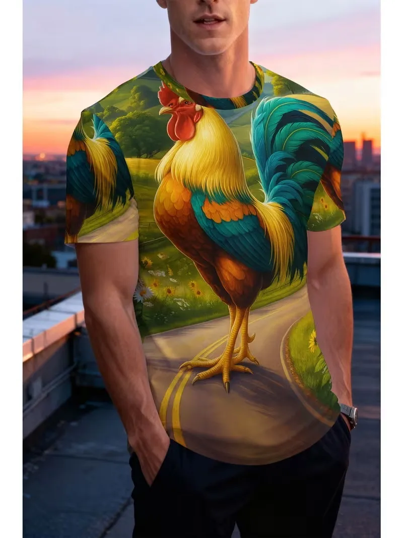 Men's 3D Realistic Rooster Print T-Shirt Funny Farm Animal Graphic Tee Casual Short Sleeve Crew Neck Novelty Tshirt For Men