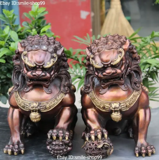 

12" Chinese Bronze Gilt Guardian Foo Fu Dog Hold Ball Door Lion Kid Statue Pair Collectible Old Handwork copper Silver Bron