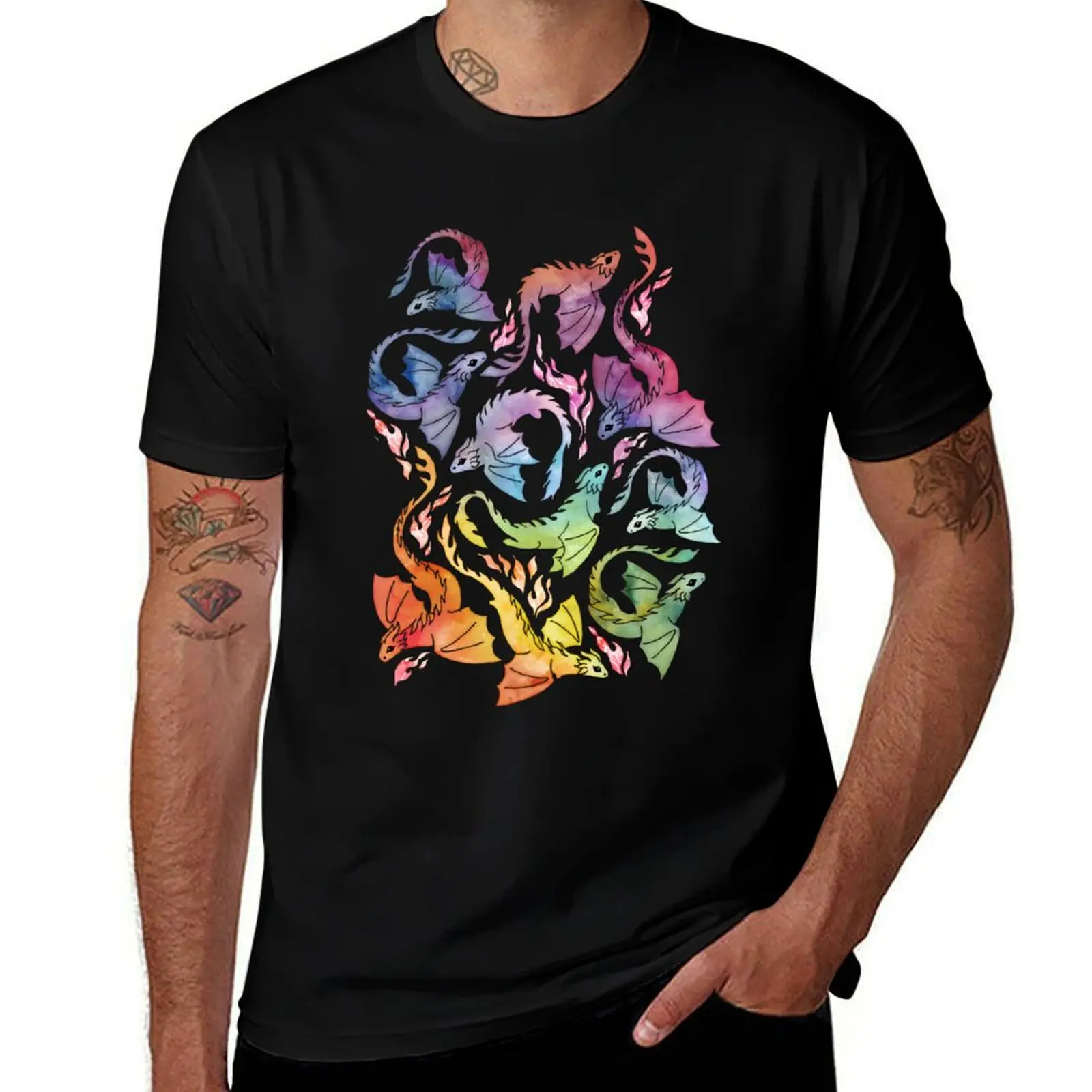 

Dragon fire dark rainbow T-Shirt anime boys animal print cute clothes hippie clothes mens champion t shirts