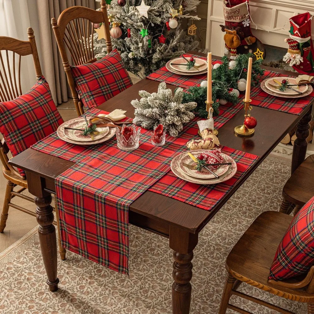 Camino de mesa navideño con patrón a cuadros, cubierta larga para mesa escocesa, poliéster, algodón, mantel de varios tamaños para restaurantes