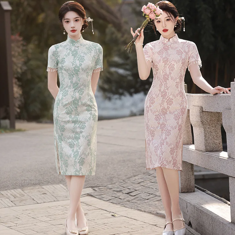 

2024 Summer Fashion Chinese Traditional Dress Vintage Printing Qipao Women Modern Eleganti Slim Fit Long Cheongsam Evening Dress