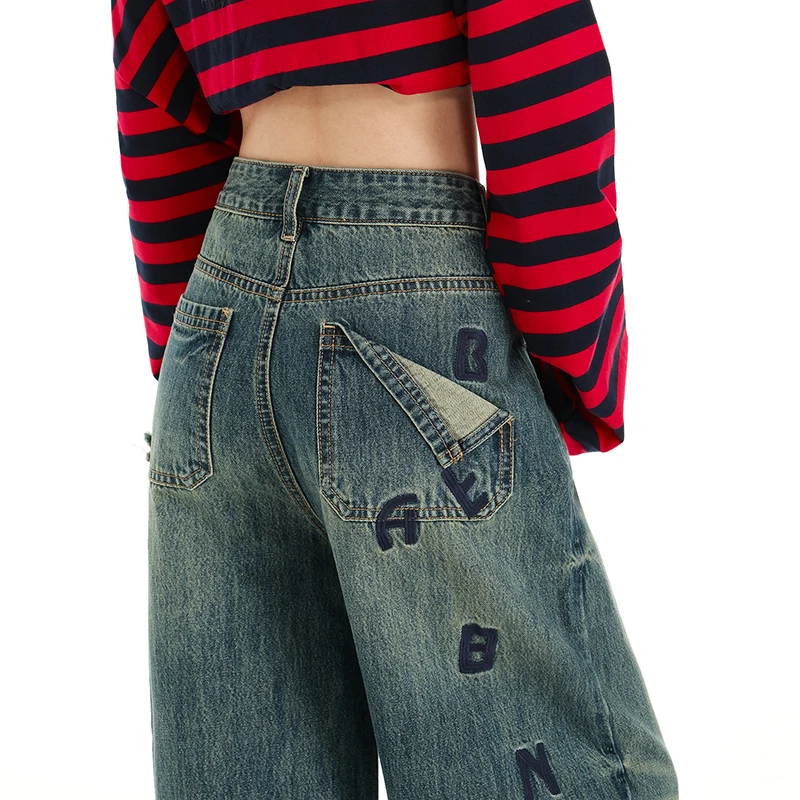 Otoño de 2025 nuevos pantalones vaqueros desgastados vintage para mujer con diseño de cintura alta, piernas largas, ropa de calle, estilo moderno y fresco