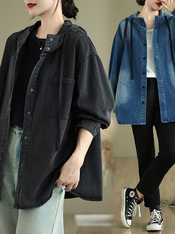 여성용 패셔너블 캐주얼 후드 데님 재킷 디자인 루즈 슬림핏 탑 빈티지 스타일 긴 소매 버튼 클로저 가디건