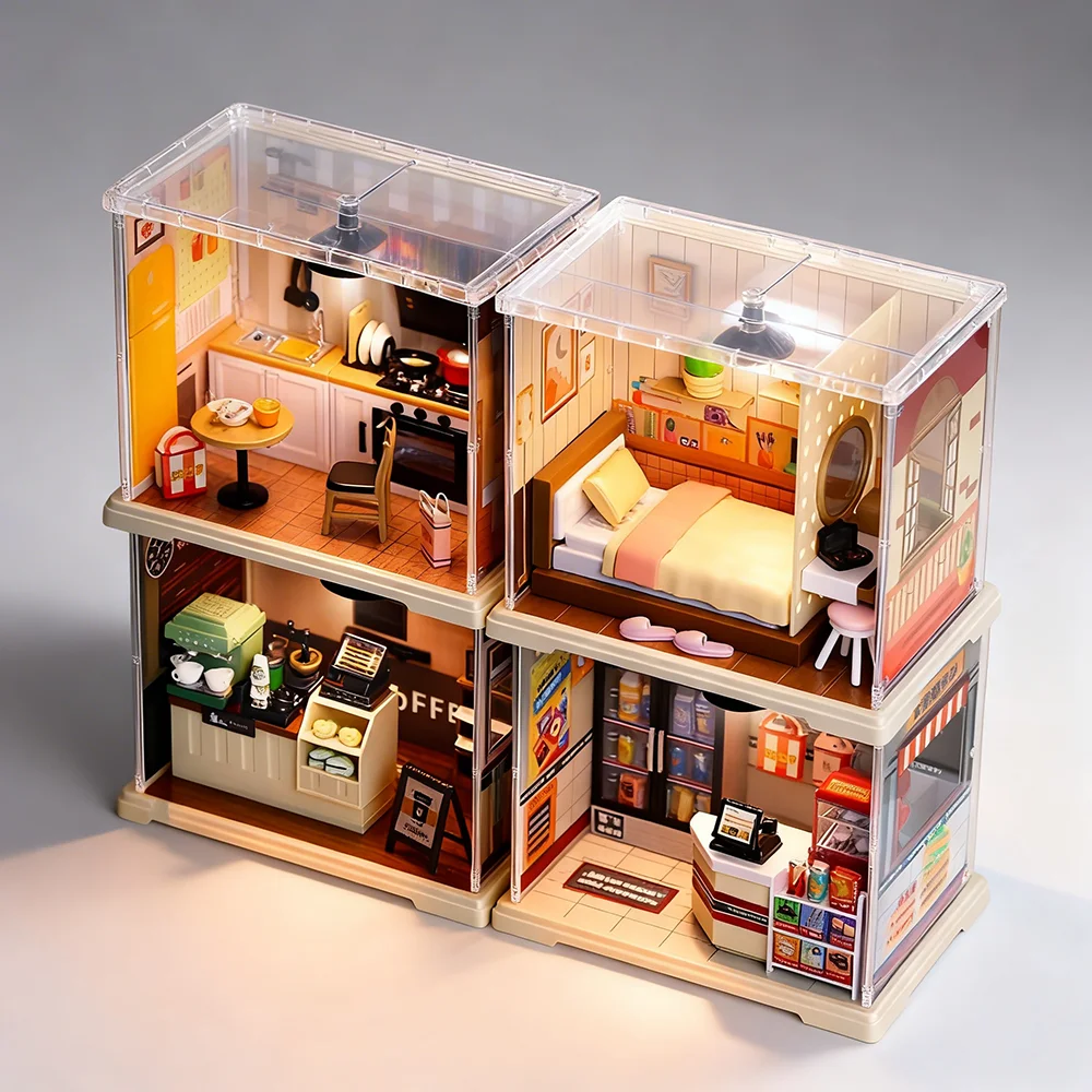 Mini City Life 3D Puzzle DIY Miniature Model Kit w/ LED Light  Adult Decompression Toy  Modern Apartment & Coffee Shop Building