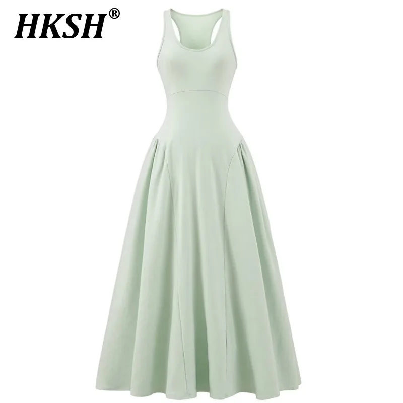 

HKSH Spring Summer New Women Tide Chic Ins Fashion Elegant Slim Fit Tank Dress Solid Color Sleeveless A-Line Long Dresses HK5629