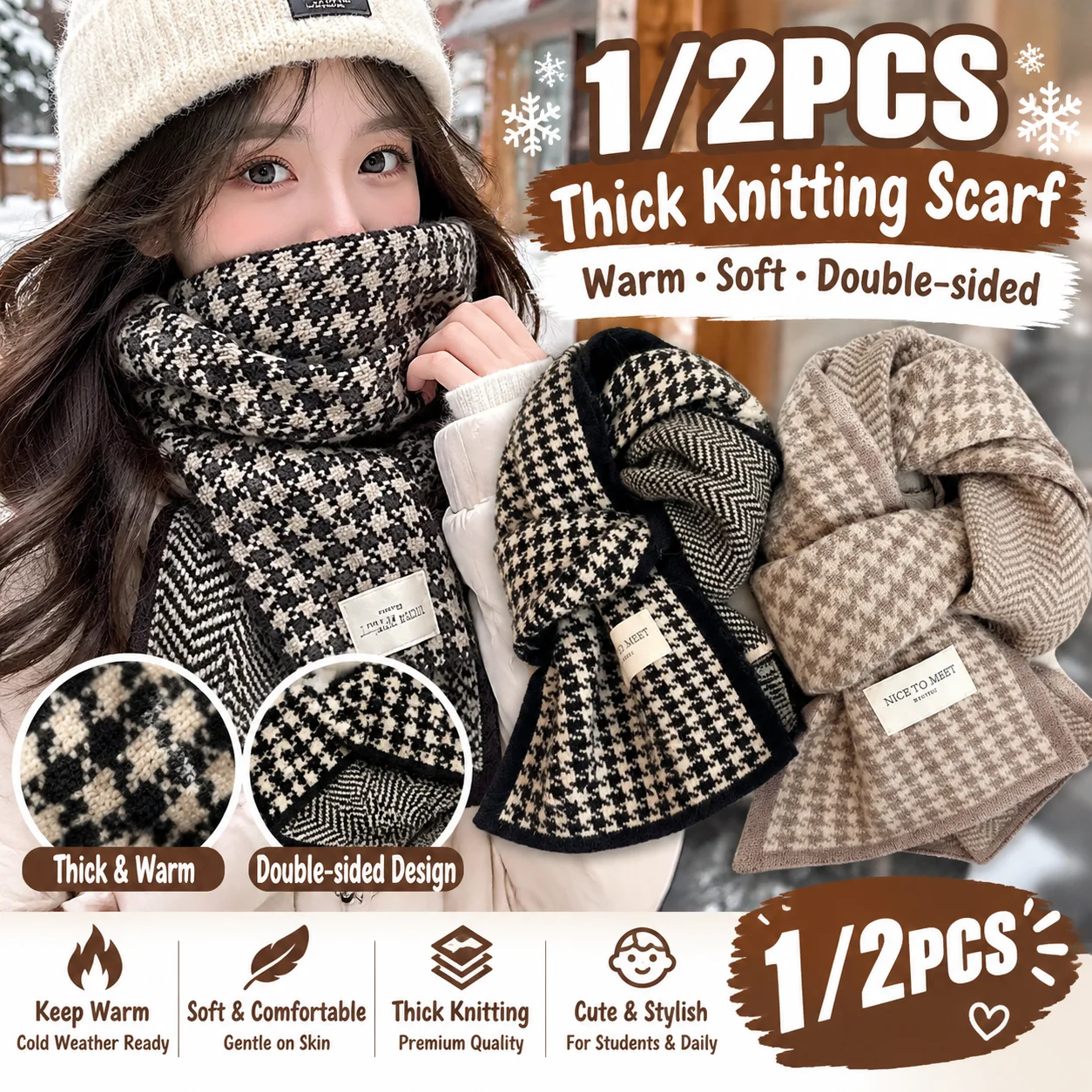 1/2PCS Thickened Knitting Senior Sense Scarf Women Winter New Atmosphere Double Sided Students Cute Warm Set