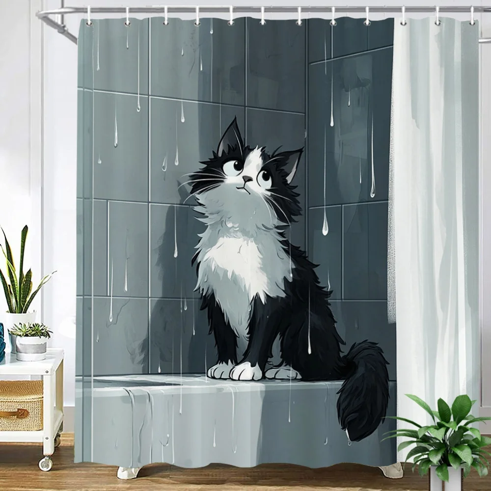 Cute Tuxedo Black White Cat Shower Curtain Polyester Digital Printing Adorable Fluffy Kitty Sitting On Shower Bench With Water
