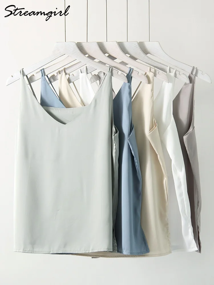Streamgirl Summer Satin Camisole Women Tops With Straps White Elegant Sleeveless Sexy Satin Tops Silk Camis And Tanks For Women