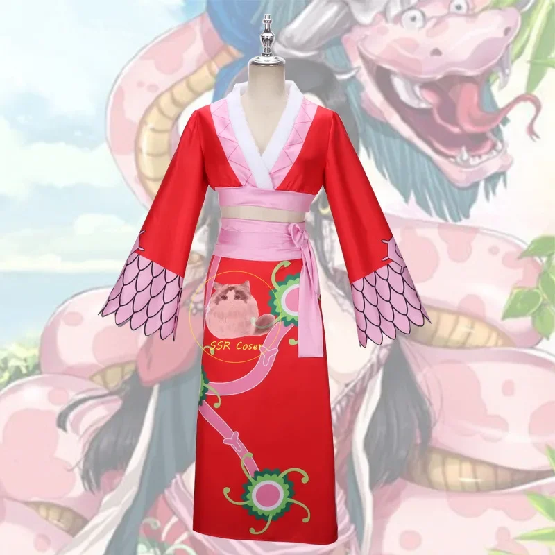 Disfraces de Cosplay de Anime Boa Hancock, vestido tipo kimono rojo imperio Sexy, uniforme, peluca Boa Hancock, pendientes, disfraces de Halloween para mujeres