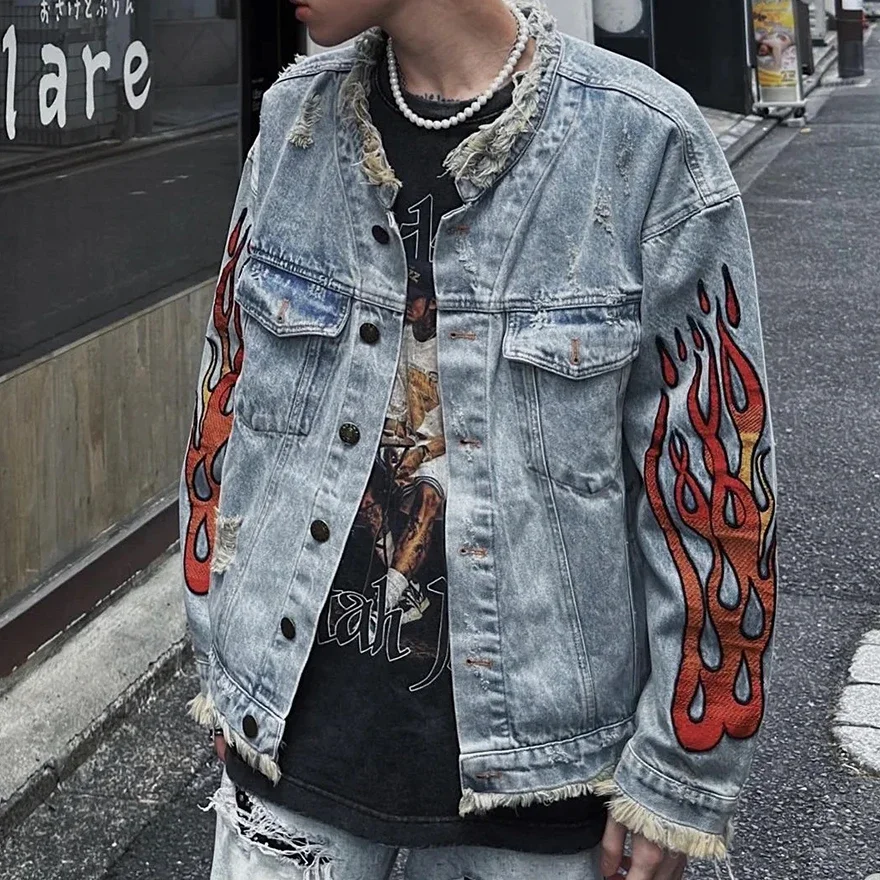 High Street Cleanfit Ripped Flame Embroidery Hole Washed Blue Denim Jackets Men and Women Vintage Frayed Baggy Jeans Coat