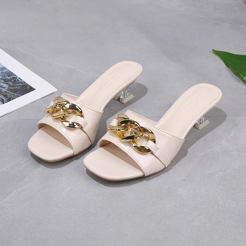 Women Slippers Women\'s Mules Slides Shoes Female Clear Heels Sandals with Chain Thin Heels Open Toe Outdoor Party Footwear