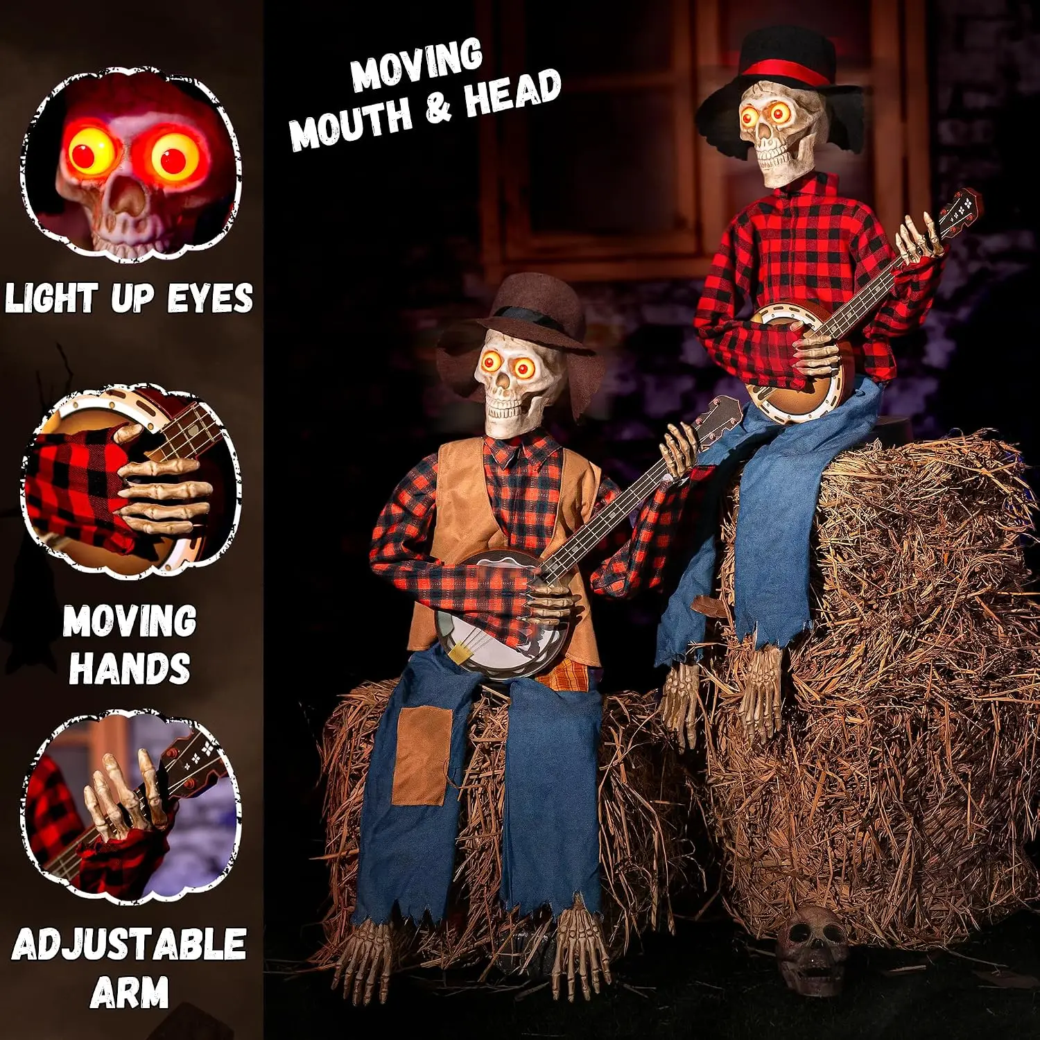Halloween Animatronic Skeleton Duo Decoration, Sound-Activated Talking Skull Prop with Funny Voice & Light-Up Eyes, Musical Plug-In Powered Indoor Outdoor Yard Lawn Display 3