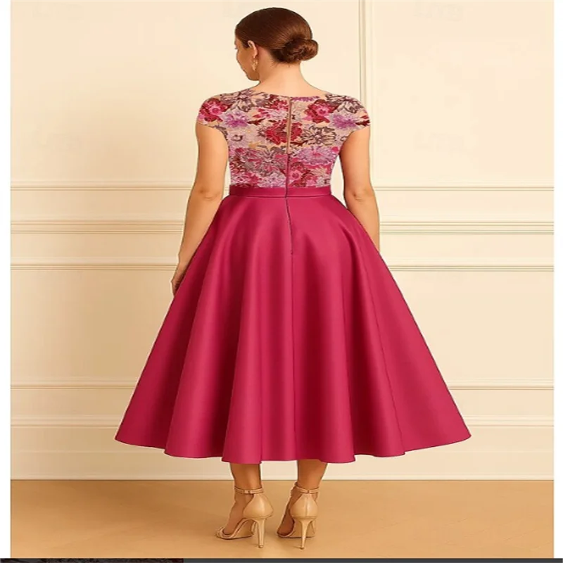 Aangepaste rode elegante moeder van de bruidsjurken theelengte bruiloftsgastjurken ronde hals moederjurken korte mouwen bloem