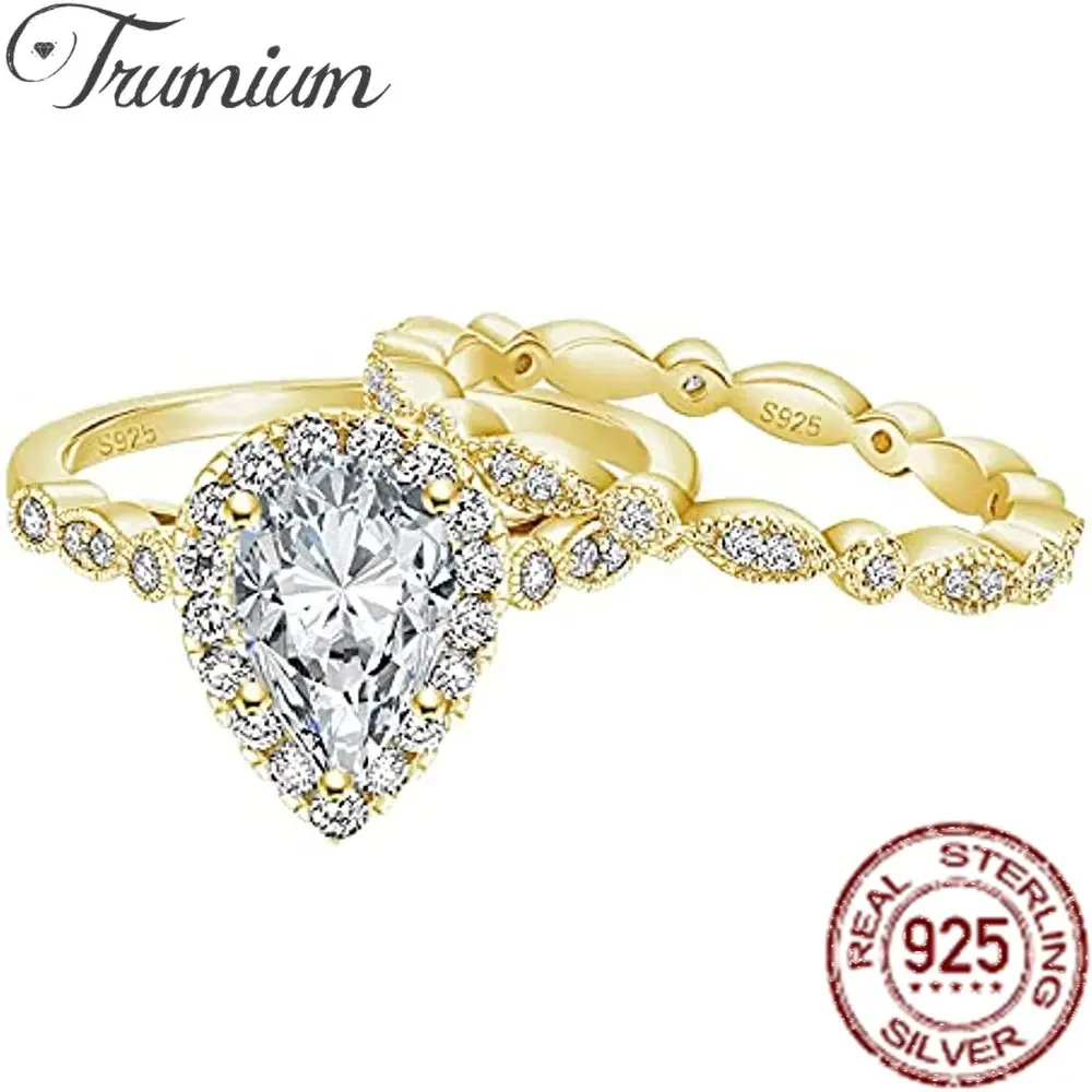 Trumium 1.5CT 925 Sterling Silver Bridal Two Ring Set Teardrop CZ Engagement Rings Vintage Promise Rings Wedding Bands for Women