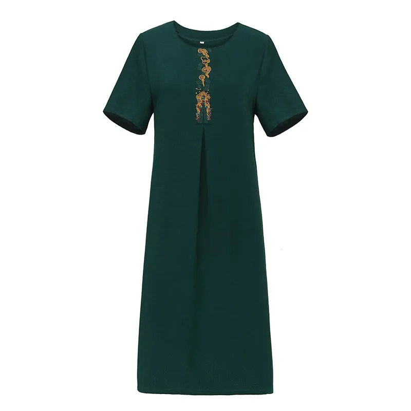 Summer middle-aged mother Vintage Midi Dress embroidery Casual Solid Loose lady Dress Elegant Bodycon Party Vestidos