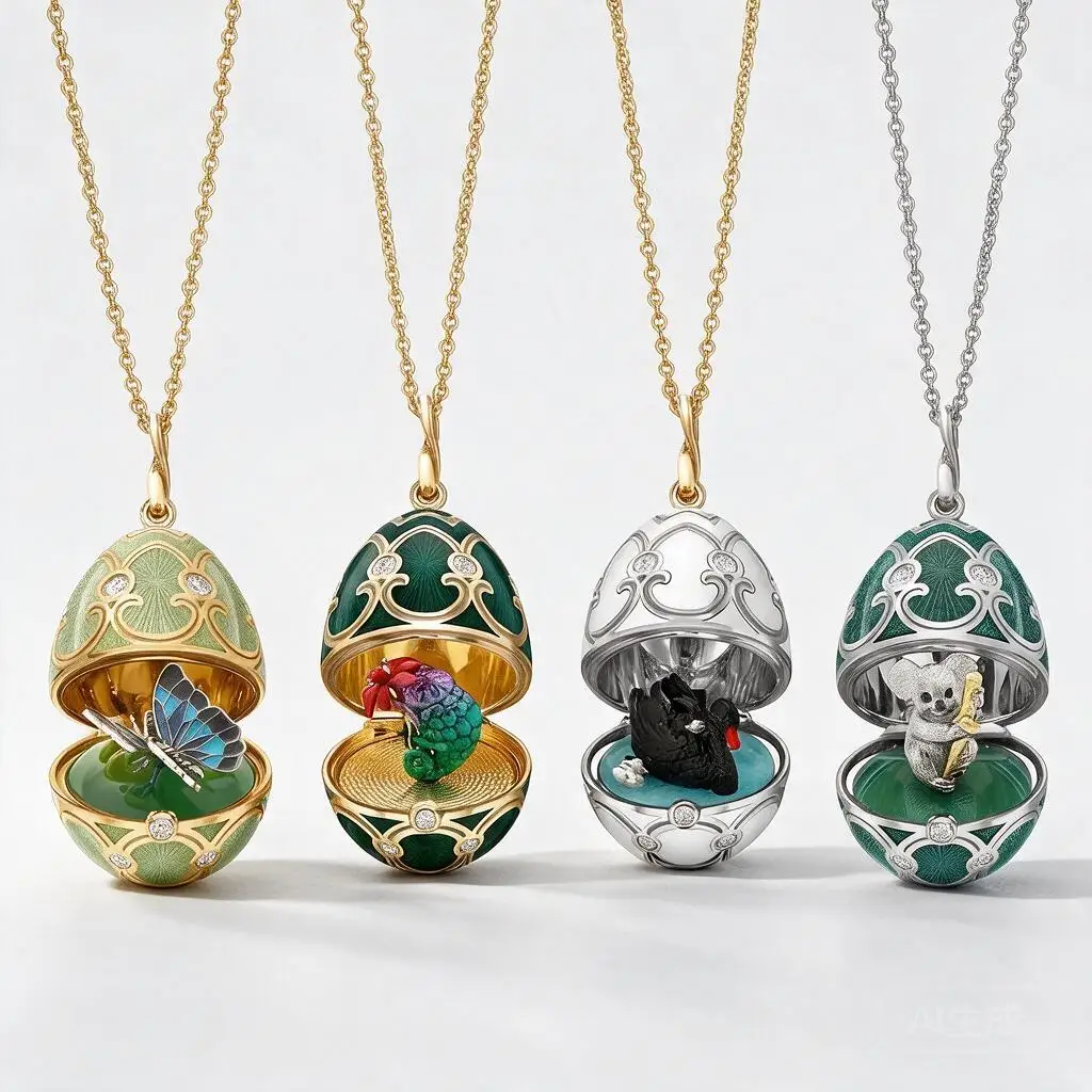 Vintage Openable Enamel Egg Pendant Necklace Russian Style Hidden Animal Inside Butterfly Chameleon Black Swan Koala Daily Wear
