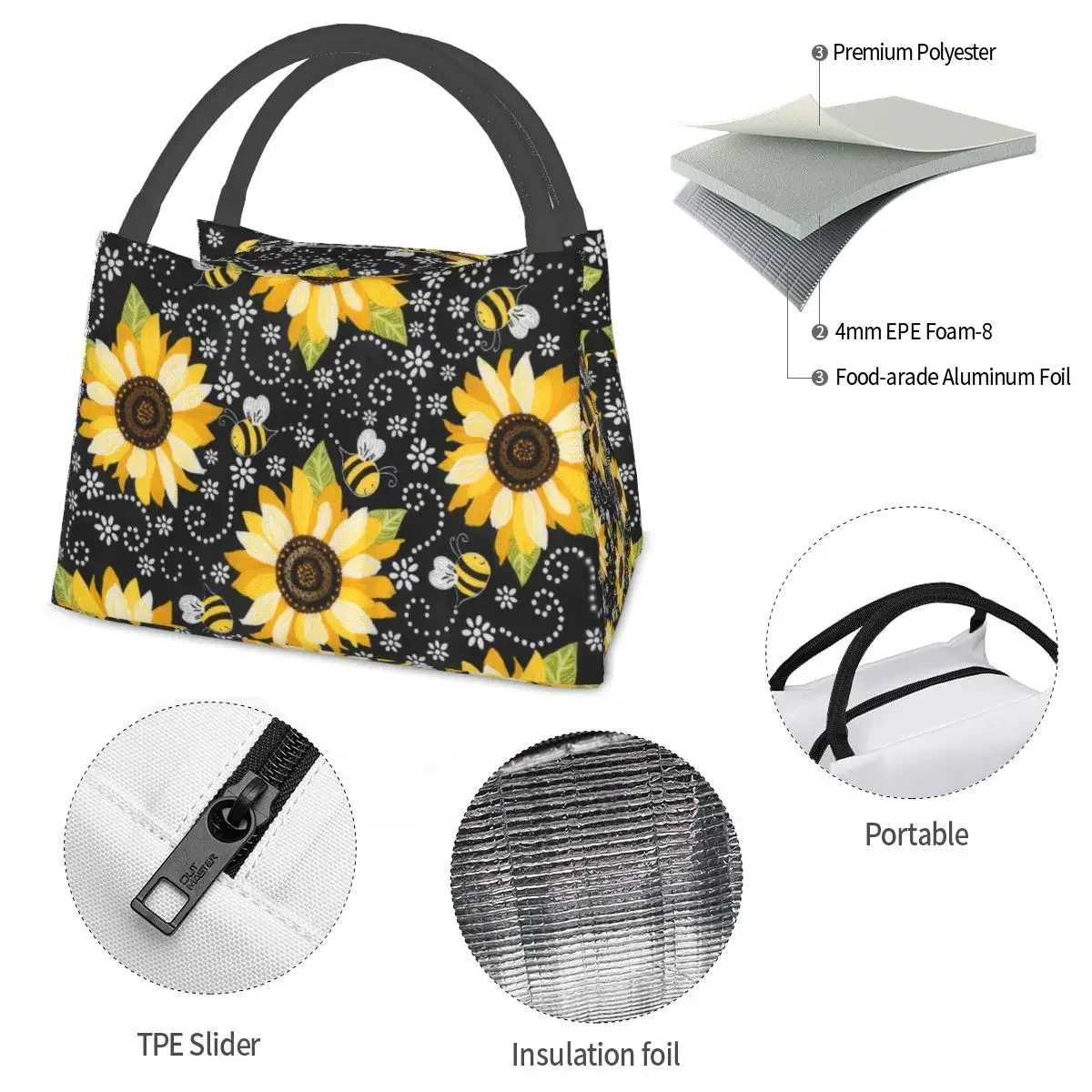 NOISYDESIGNS Sunflowers Print Lunch Bag Insulated Bags For Women Portable Food Case Bags Kids School Cooler Warm Bento Box Totes