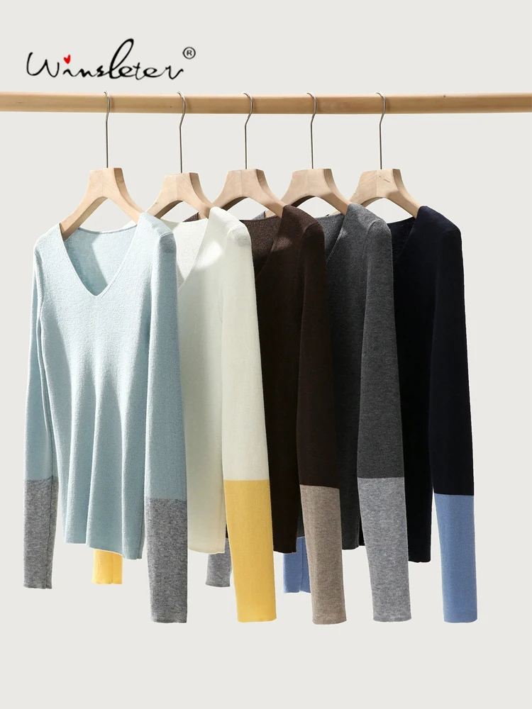 Winsleter-Wool Blended Elegant Sweater, Long Sleeve Color Blocking, Women Versatile Slim Thin Knit Sweater, 2026 Autumn T69709CC
