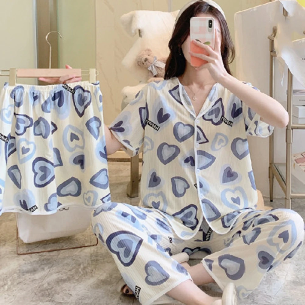 Womens Cute Printed Pajamas Tops Shorts Long Pants Three-piece Home Clothes Flirty Casuals Camis Top And Shorts Sets Loungewear
