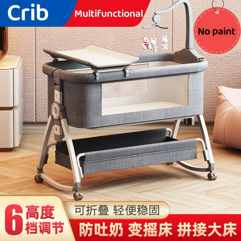 Crib Movable Multi-Function Folding Height Adjustment Splicing Queen Bed Baby Bassinet Newborn Baby Bed Anti-Overflow