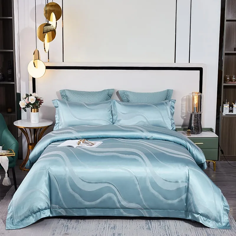 Jacquard Satin 4Pcs Duvet Cover Set Luxurious Satin Like Silk Smooth Soft Palace Style Bedding Set Quilted Bedspread Pillowcases