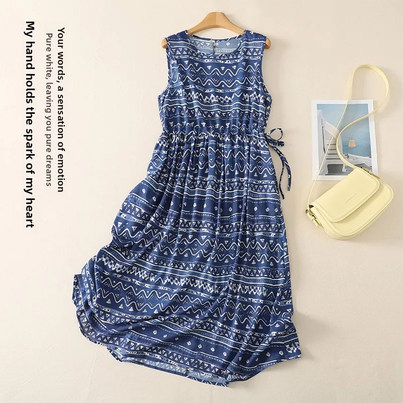 

Summer New Vintage Bohemian Print Belted Slimming Cotton Vest Dress Women High Waist Drawstring Artistic Style Long Skirt