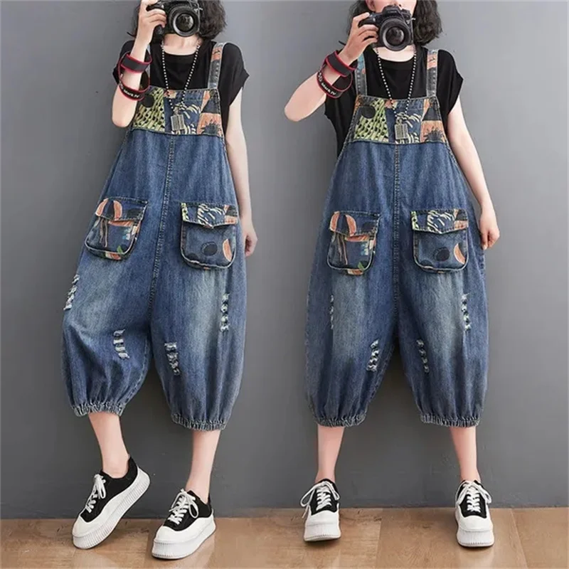 

New Summer All-Match Join Together Printing Loose Denim Suspenders Pants Women Cowboy Straps Rompers Conjoined Wide-Leg Pants