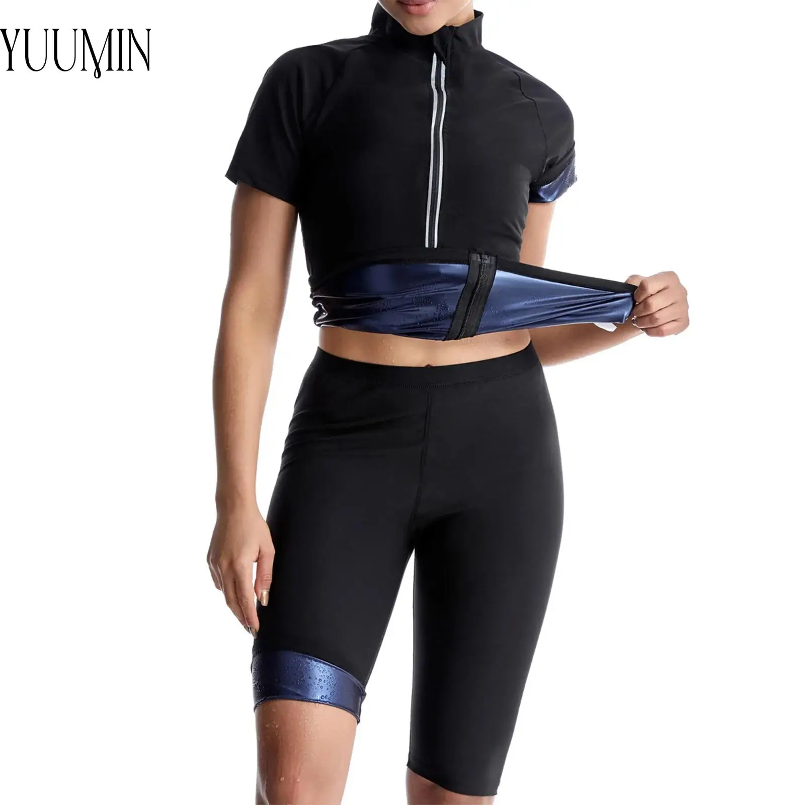 

Womens Sweat Sauna Suit Body Shaper Workout Outfit Yoga Clothes Sportswear Short Sleeve Jacket+Stretchy Knee Length Shorts Set