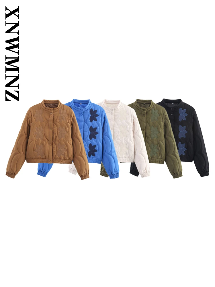 

XNWMNZ 2025 Autumn Lady Fashion Vintage Half high Collar embroidery Padded Jacket Casual Simple Woman Long Sleeve Keep warm Coat