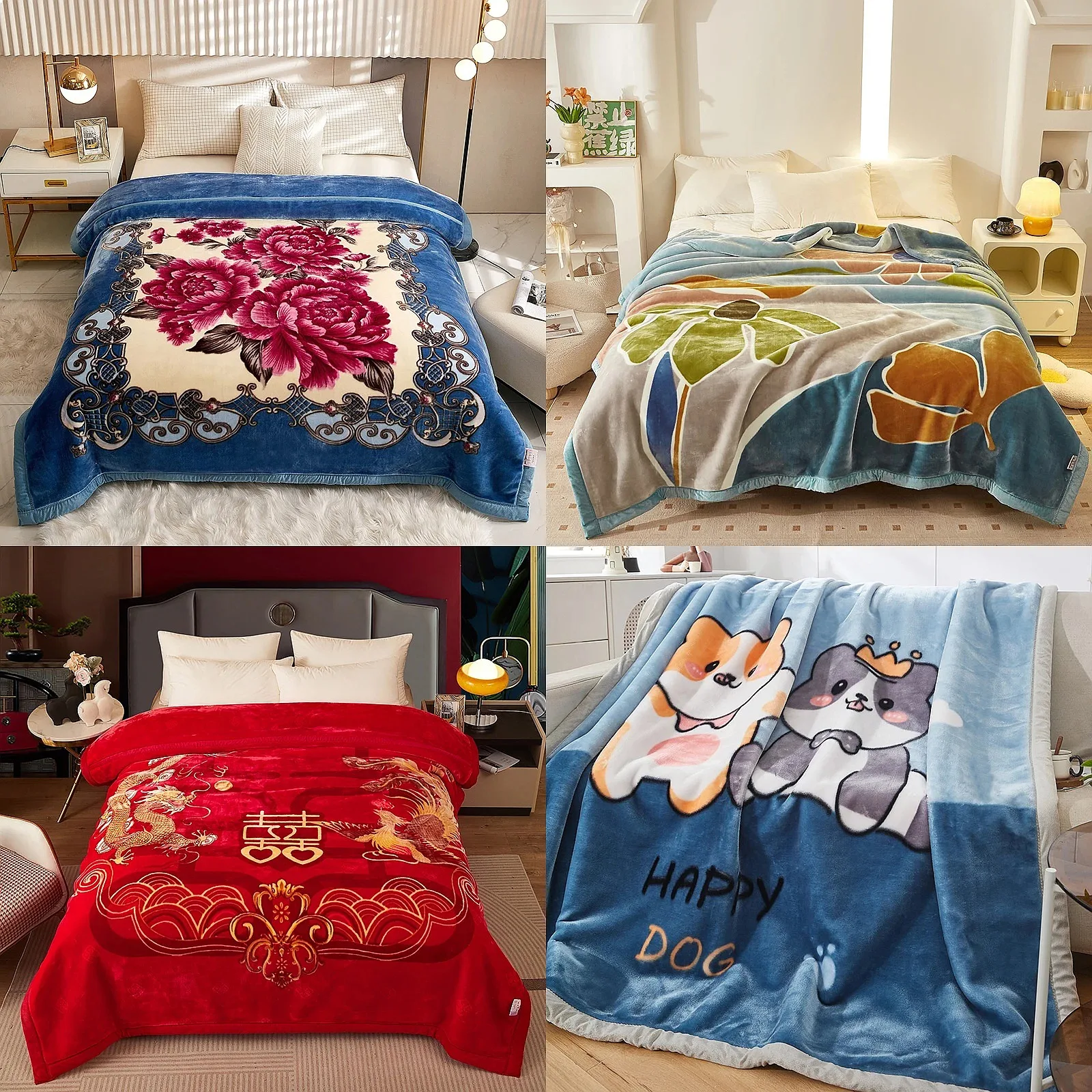 Double Layer Winter Weighted Blanket for Bed, Thick Raschel Plush Warm Heavy Blanket, Fluffy Soft Printed Flowers Throw