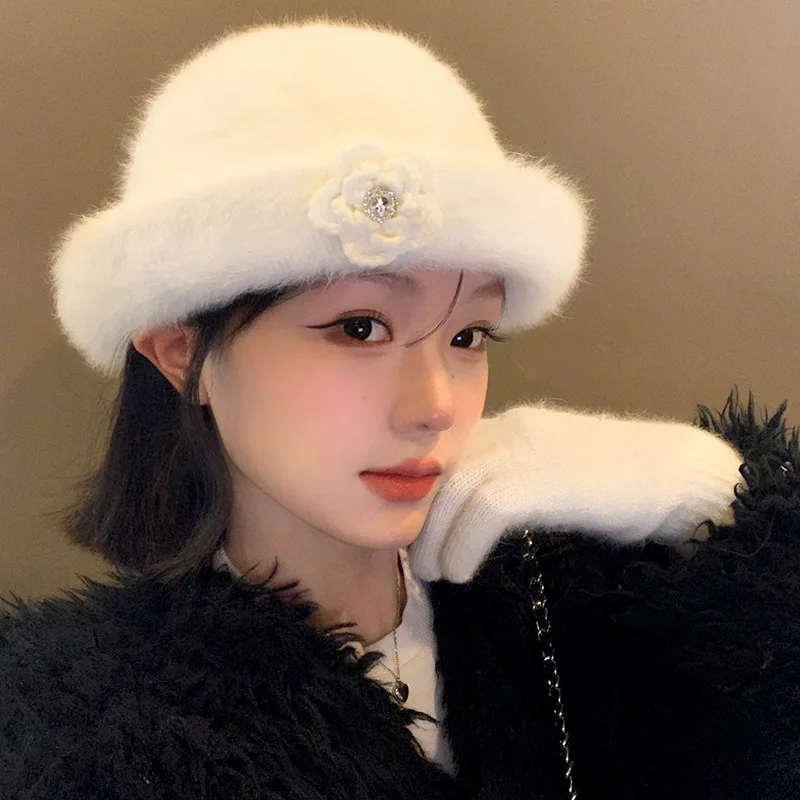 Korea Blogger Rabbit Fur Flower Fisherman Hats for Women Autumn Winter Curling Brim Hat Big Head Circumference Panama Sombreros