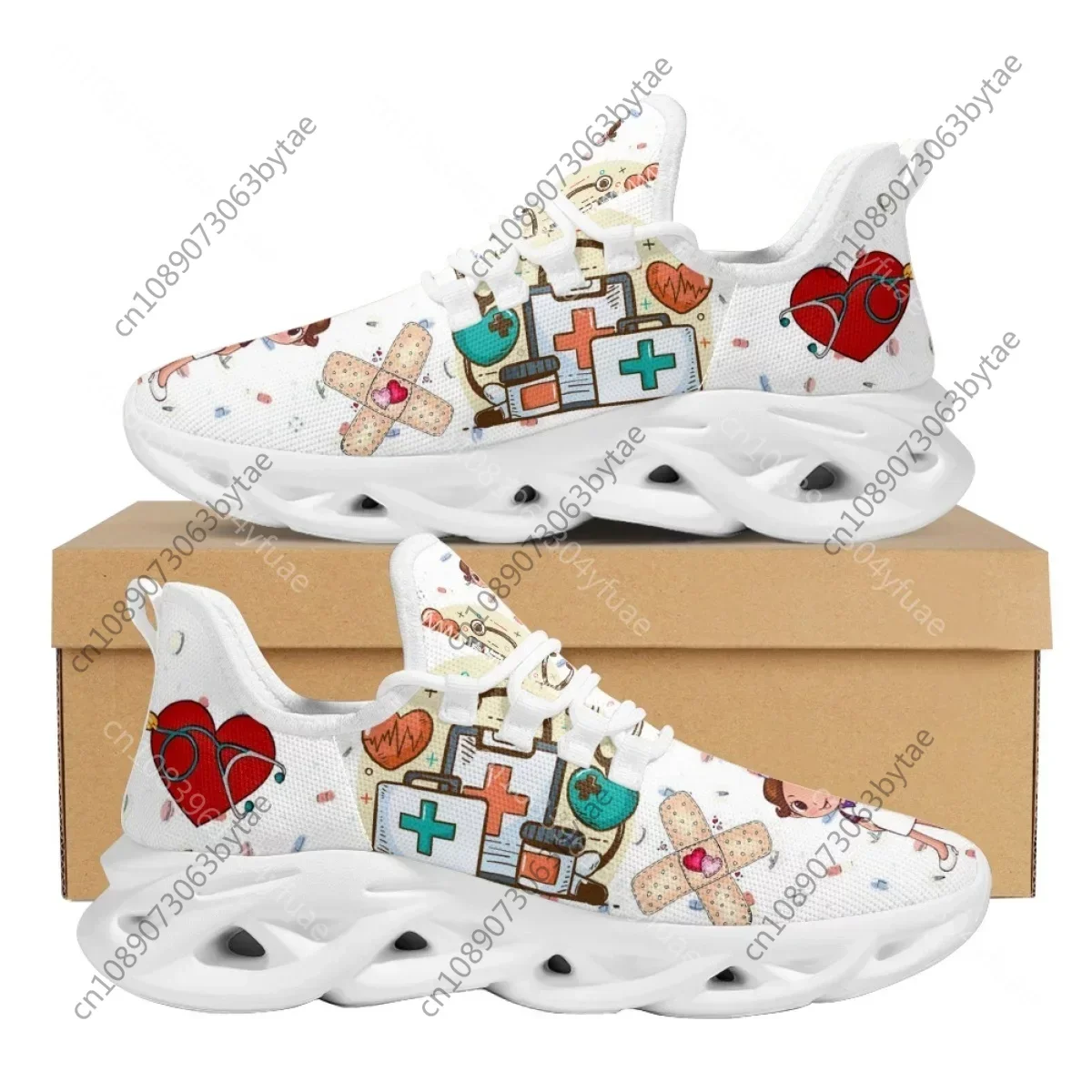 Brand Design Women Sneakers White Nursing Shoes Cute Cartoon Nurse Doctor Medical Print Light Lace-up Flats Footwear