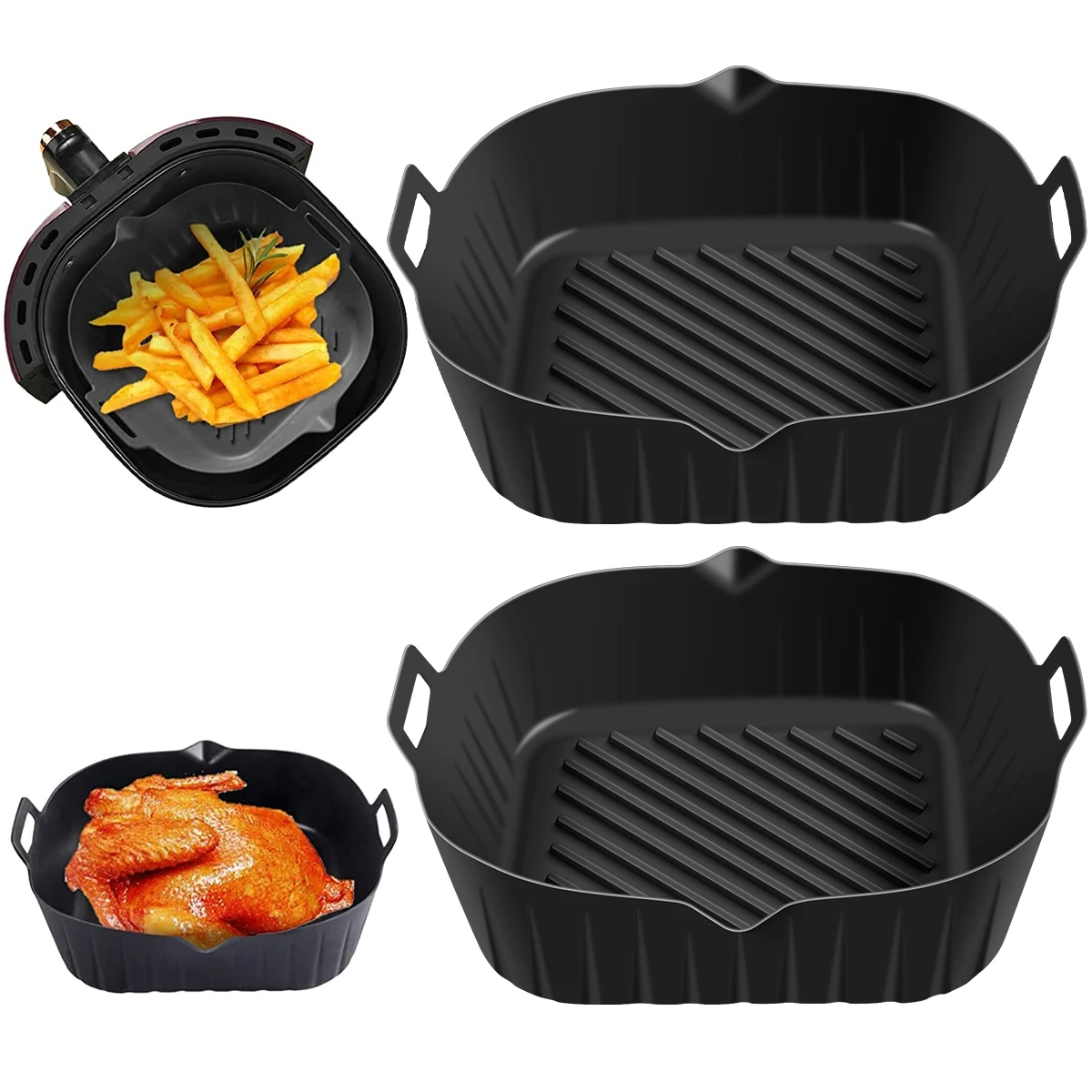 2Pcs Air Fryer Silicone Pot with Handle Reusable Air Fryer Liner Heat Resistant Air Fryer Silicone Basket 6.9inch Square Baking