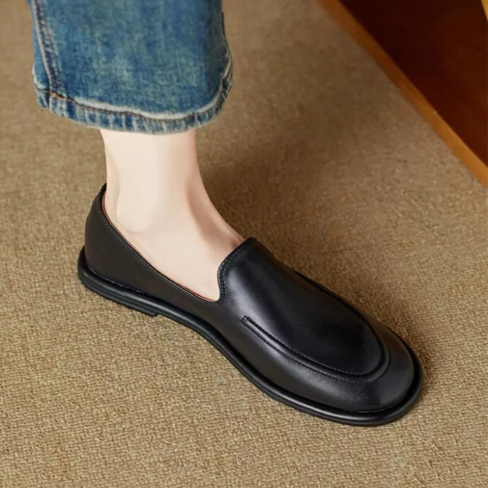 Genuine Leather Soft Flats Shoes 2024 New Spring Loafers Women Round Toe One Foot Slip-on Shoes Women Fashion Flat Shoes Leather