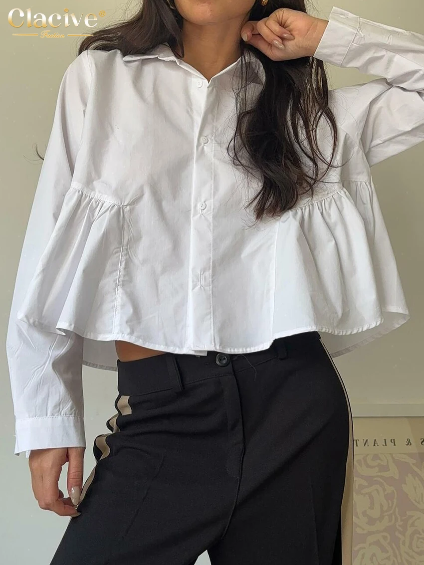 Clacive Fashion Loose White Women's Shirt 2025 Casual Stand Collar Long Sleeve Shirt Elegant Classic Lace-Up Top Female Clothing