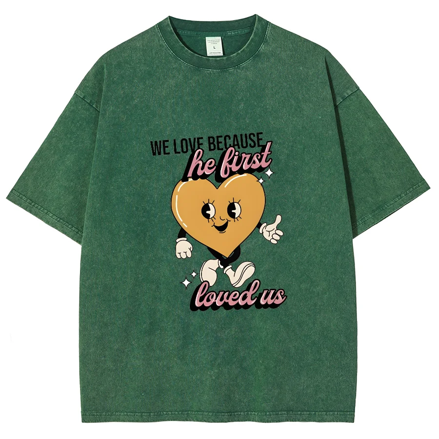 God Loved Us Y2k Washed Short Sleeve T-Shirt, Cartoon Creative Printed Unisex Vintage Streetwear New Fashion Casual Plus-Size T