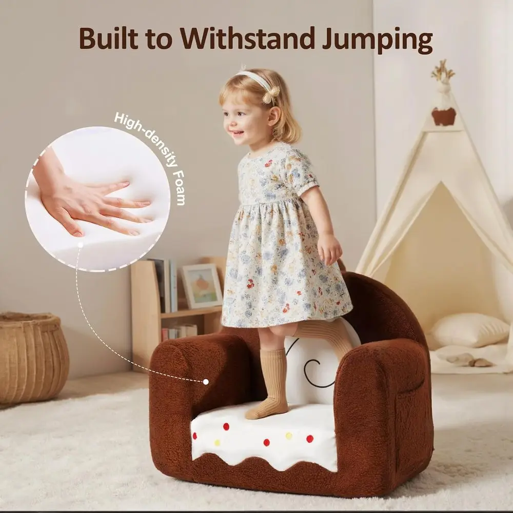 أريكة للأطفال الصغار من قماش شيربا مع جيب للكتاب ومقبض للحمل، مثالية للأعمار من 1 إلى 6 سنوات أو غرفة اللعب أو غرفة النوم، هدية مثالية للفتيات (كيك) #4