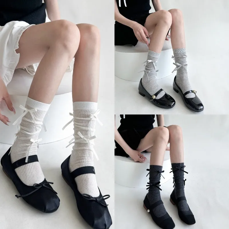 Women's New White Grey Long Socks Multi Bowknot Design Stacked Socks Ballet Style Cute Lolita Solid Color Striped Mid-Calf Socks