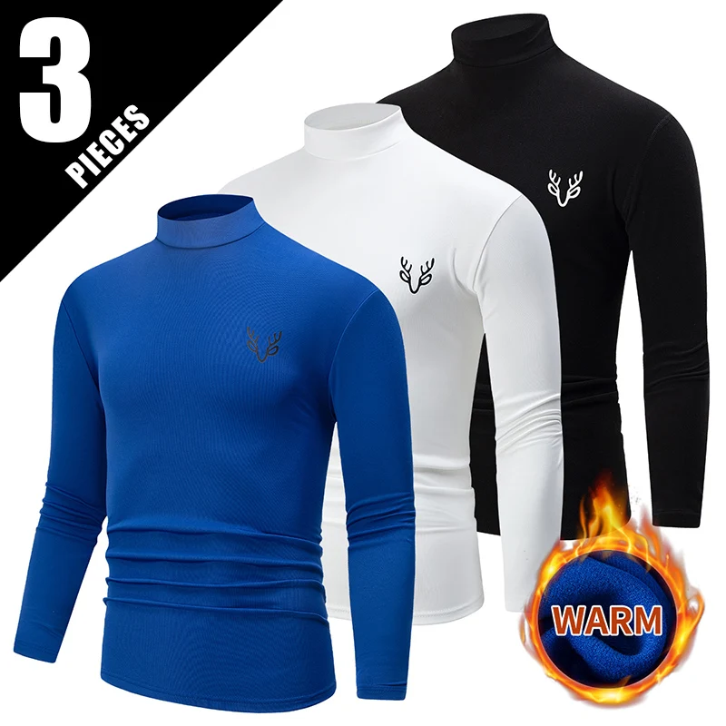 3-piece Men's Autumn And Winter Brushed Top Thick And Fashionable Solid Color Half High Neck Base Shirt Casual And Warm T-shirt