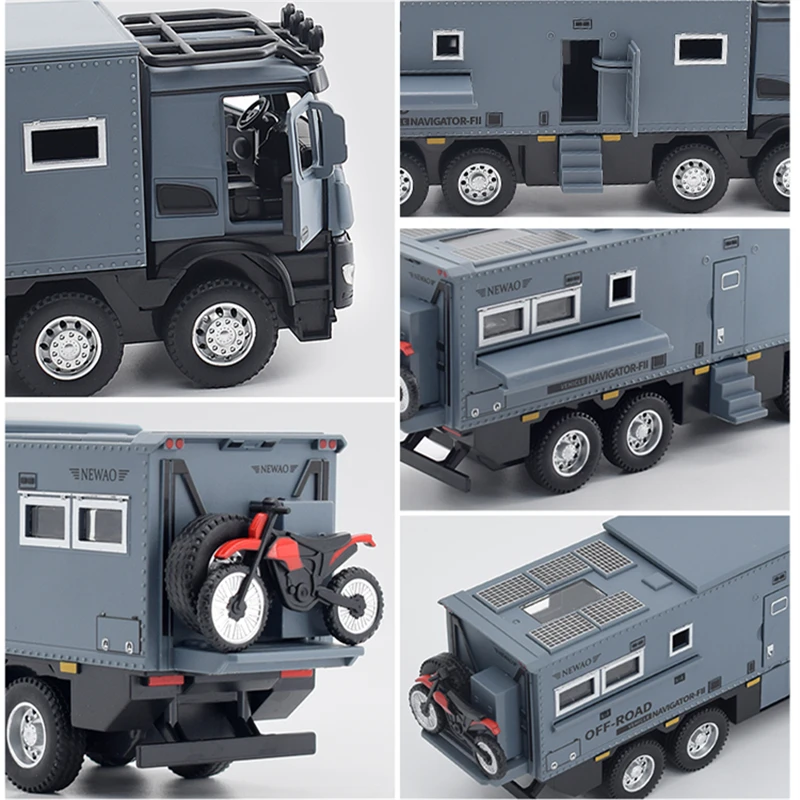 1/28 Arocs Unimog Alloy Motorhome Touring Car Model Diecast Metal Off-road RV Vehicles Model Sound and Light Children Toy Gift