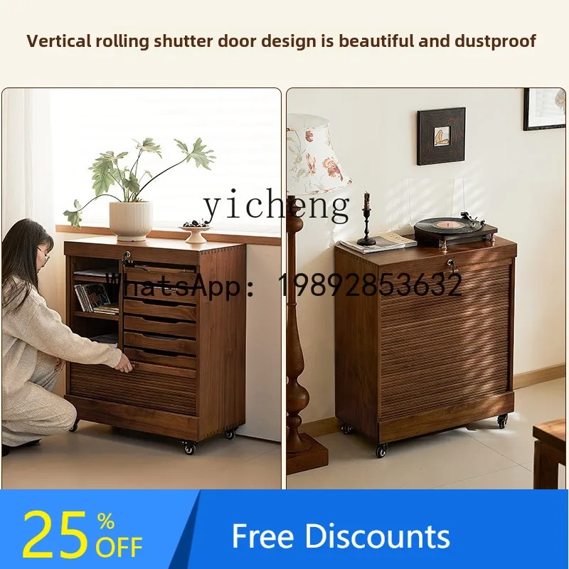 

ABC black walnut mobile file cabinet retro wood rolling shutter door sundry cabinet