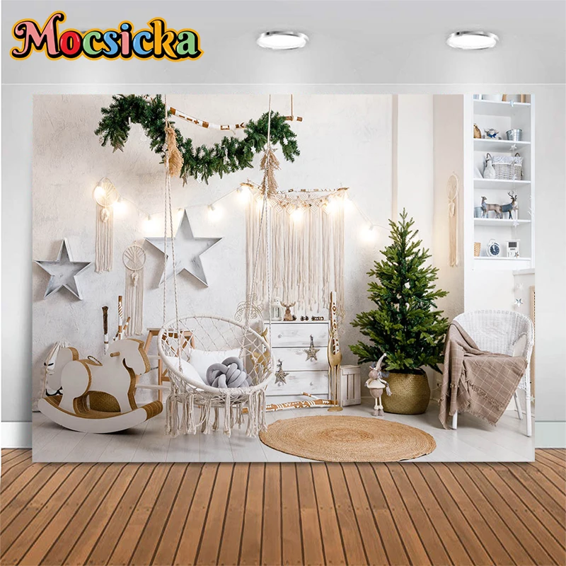 

Mocsicka Christmas Decoration Photography Background Xmas Tree Swing Trojan Stars Light Pink Gifts Wreath Photo Backdrop Props