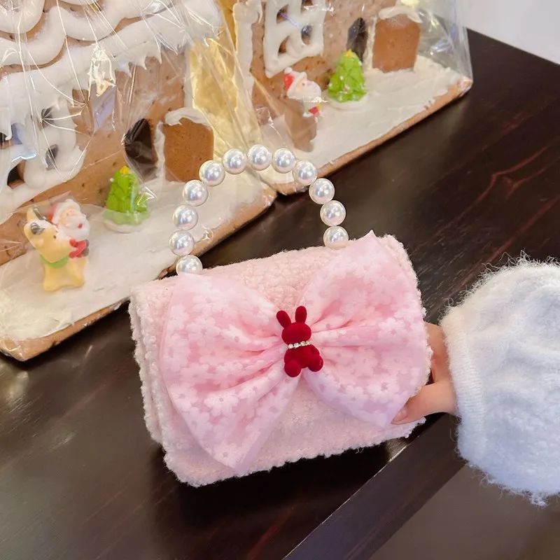 لؤلؤة مقبض الفتيات لطيف الأميرة أفخم حقائب الكتف الحلو القوس الأطفال مربع حقيبة ساعي الشتاء سلسلة محفظة حقائب اليد هدية