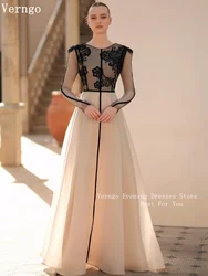 Verngo Champagne Flowers Organza Prom Gown Full Sleeves A Line Formal Occasion Dress Elegant Modest Prom Dress Customized
