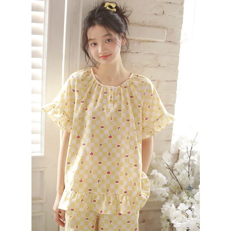 

Женская летняя милая цветная пижама из 100% хлопка с принтом, 2025 г., милая домашняя одежда свободного кроя с круглым вырезом, S-XXL, большой размер