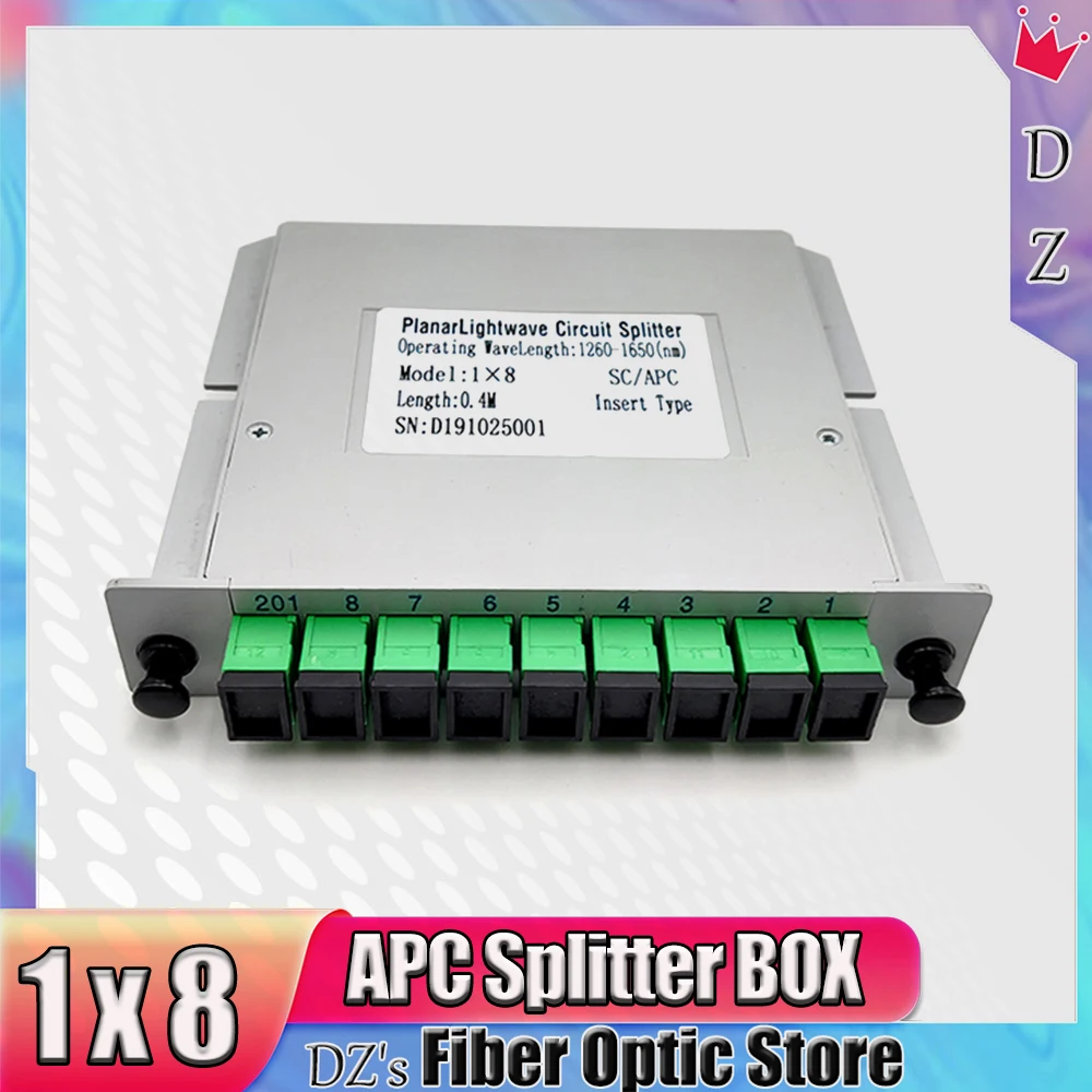 PLC Fibra Óptica Splitter Box, SC APC, 1X8 FTTH Cassette Connector, SC UPC Cassette, Inserção Tipo, Kit de Comunicação, Sem Fonte de Luz