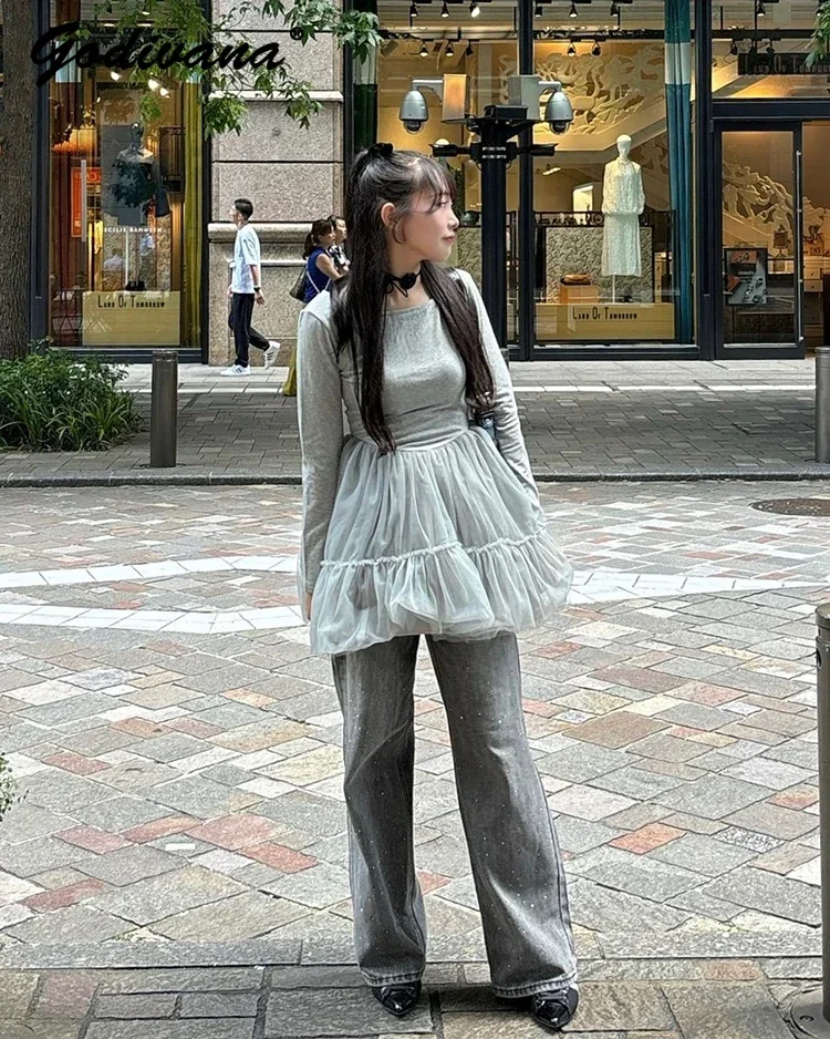 日本の新しいチュールステッチ長袖 Tシャツドレス女性のバレエスタイル甘いハイウエストカジュアルメッシュショートドレス