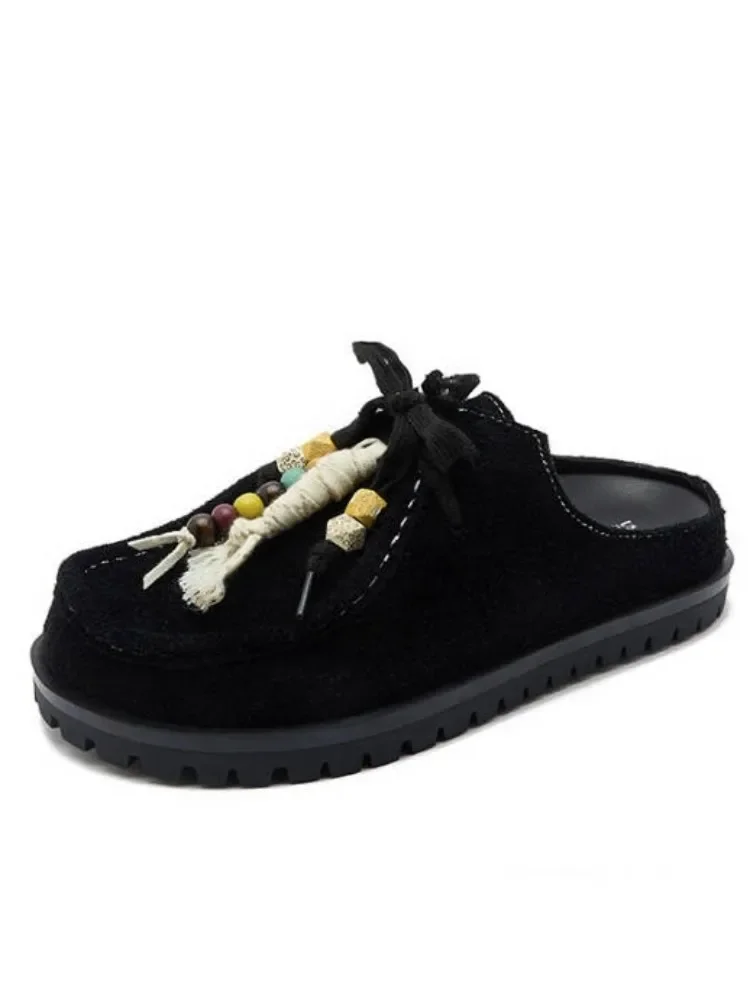 Vintage Leisure Cowhide Womens Slippers Comfortable Footwear Round Toe Cow Suede Solid Color Slip On Fashion Handmade Lady Shoes