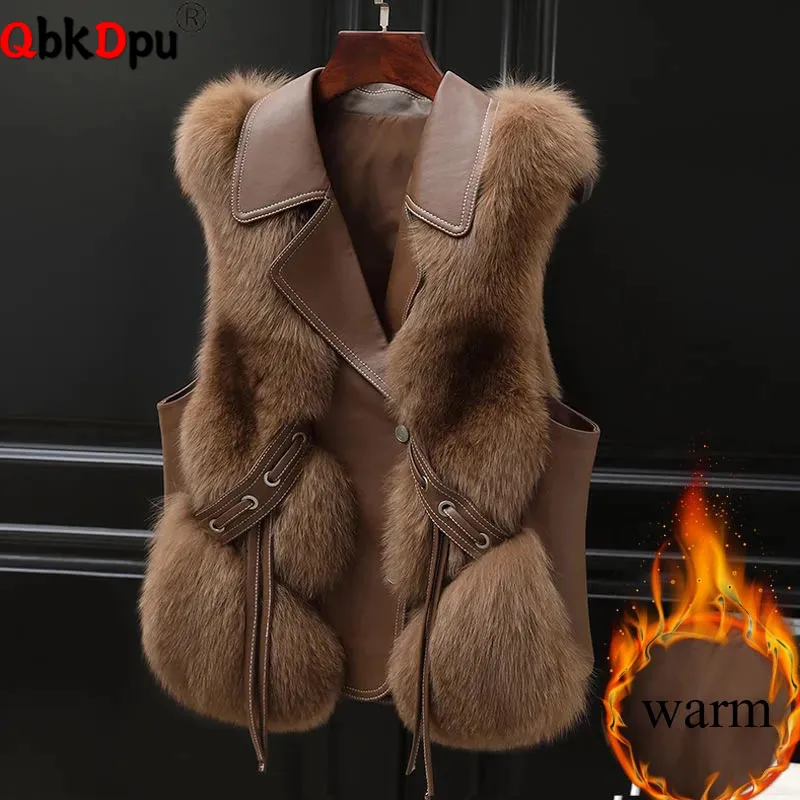 Winter Warm Faux Fur Lapel Sleeveless Jackets Women Single Breasted Cotton Padded Lined Coats Casual Elegant Thicken Abrigos New